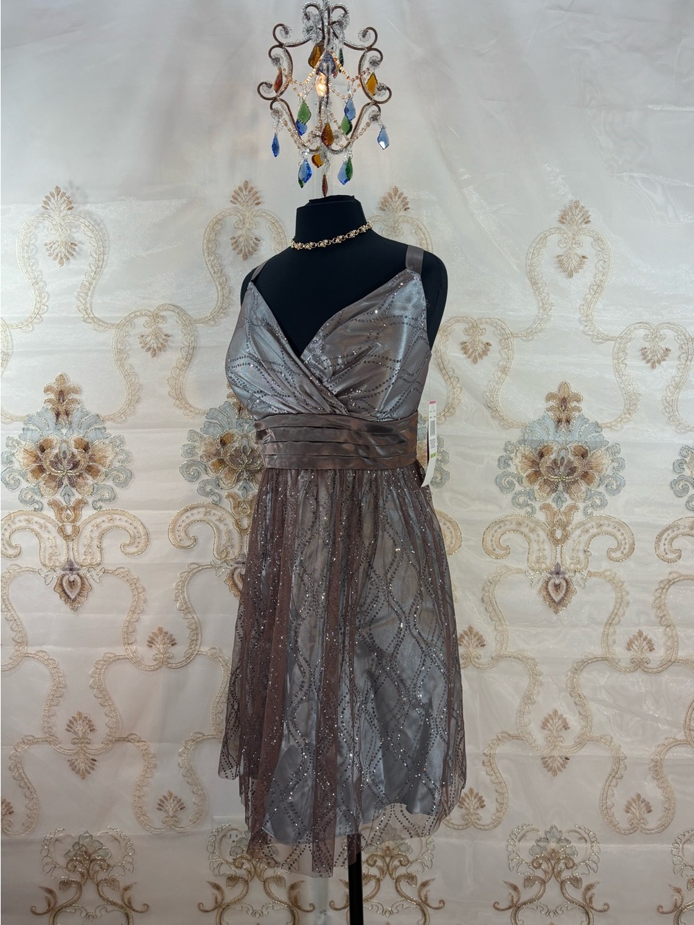 ✨Vintage Y2K Baby Blue Satin & Glitter Taupe Tulle Empire Waist Formal Dress✨